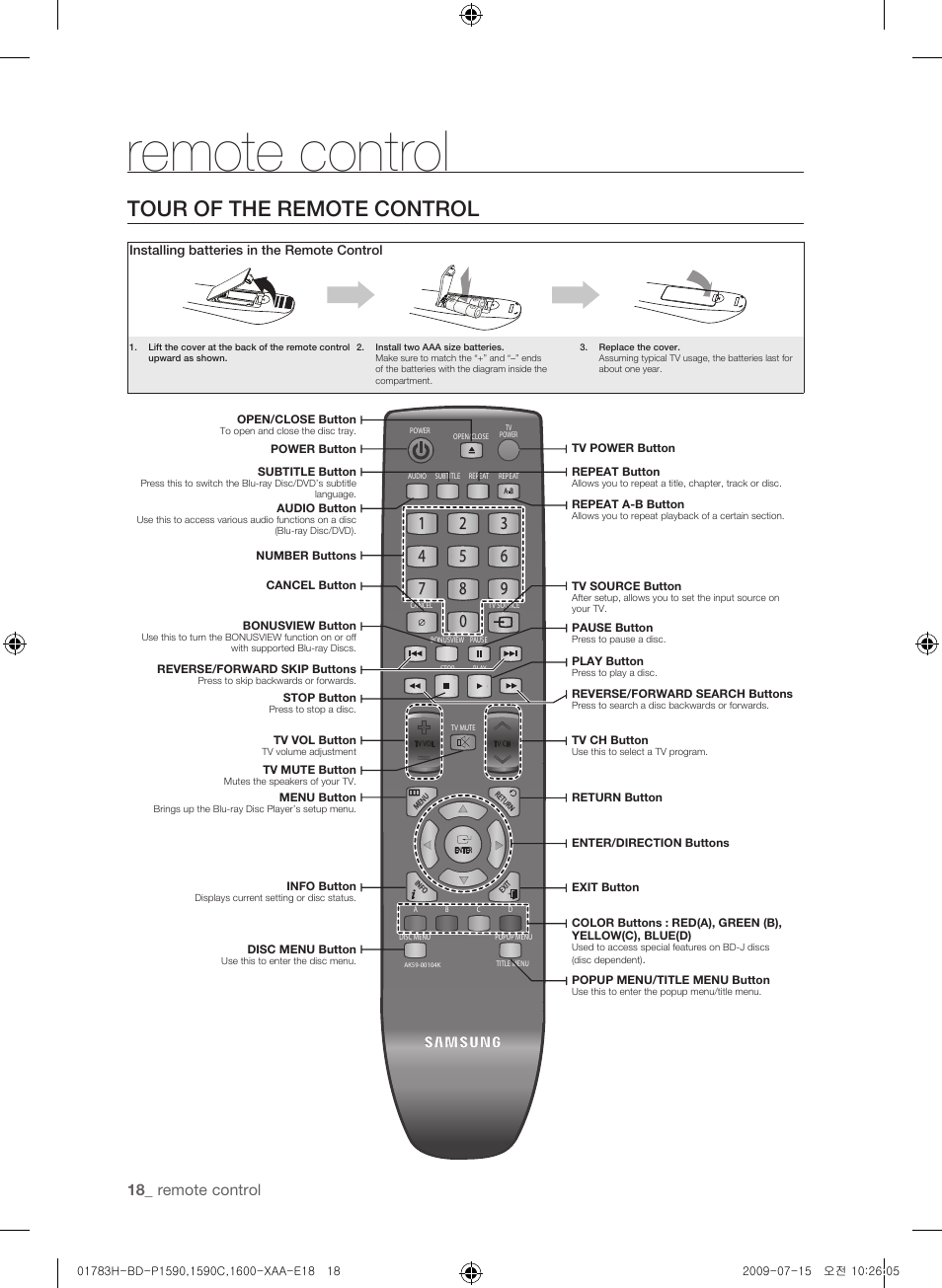 Remote control, Tour of the remote control, 1_ remote control | Samsung BD-P1590C User Manual | Page 18 / 97