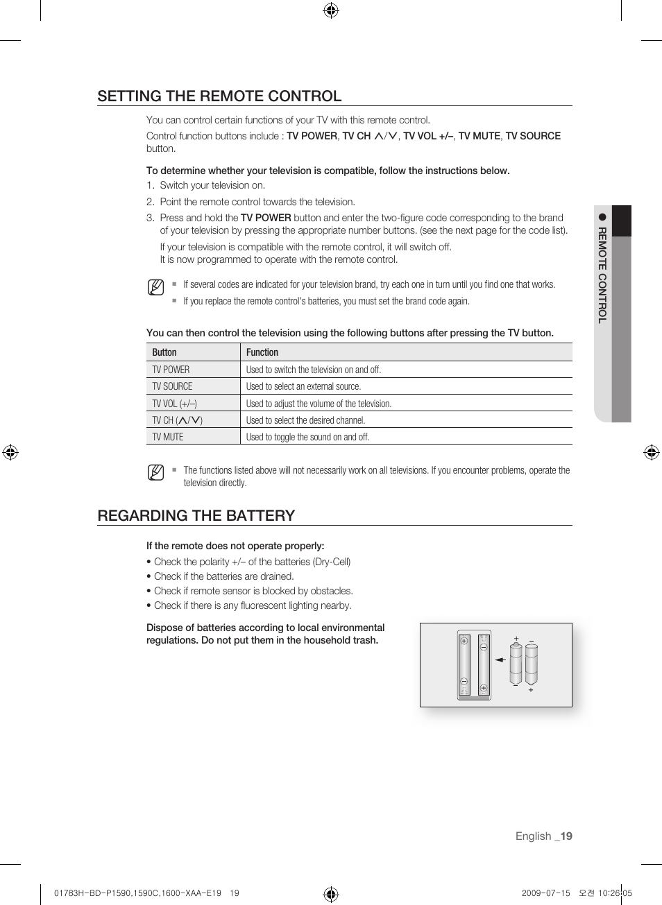 Setting the remote control, Regarding the battery | Samsung BD-P1590C User Manual | Page 19 / 97