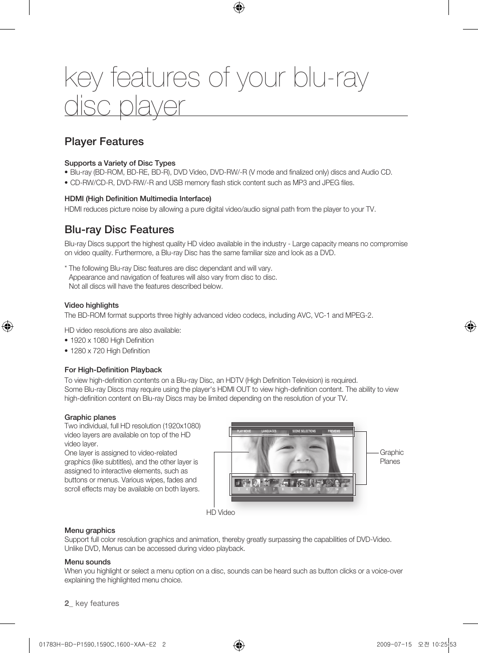 Key features of your blu-ray disc player, Player features, Blu-ray disc features | Samsung BD-P1590C User Manual | Page 2 / 97