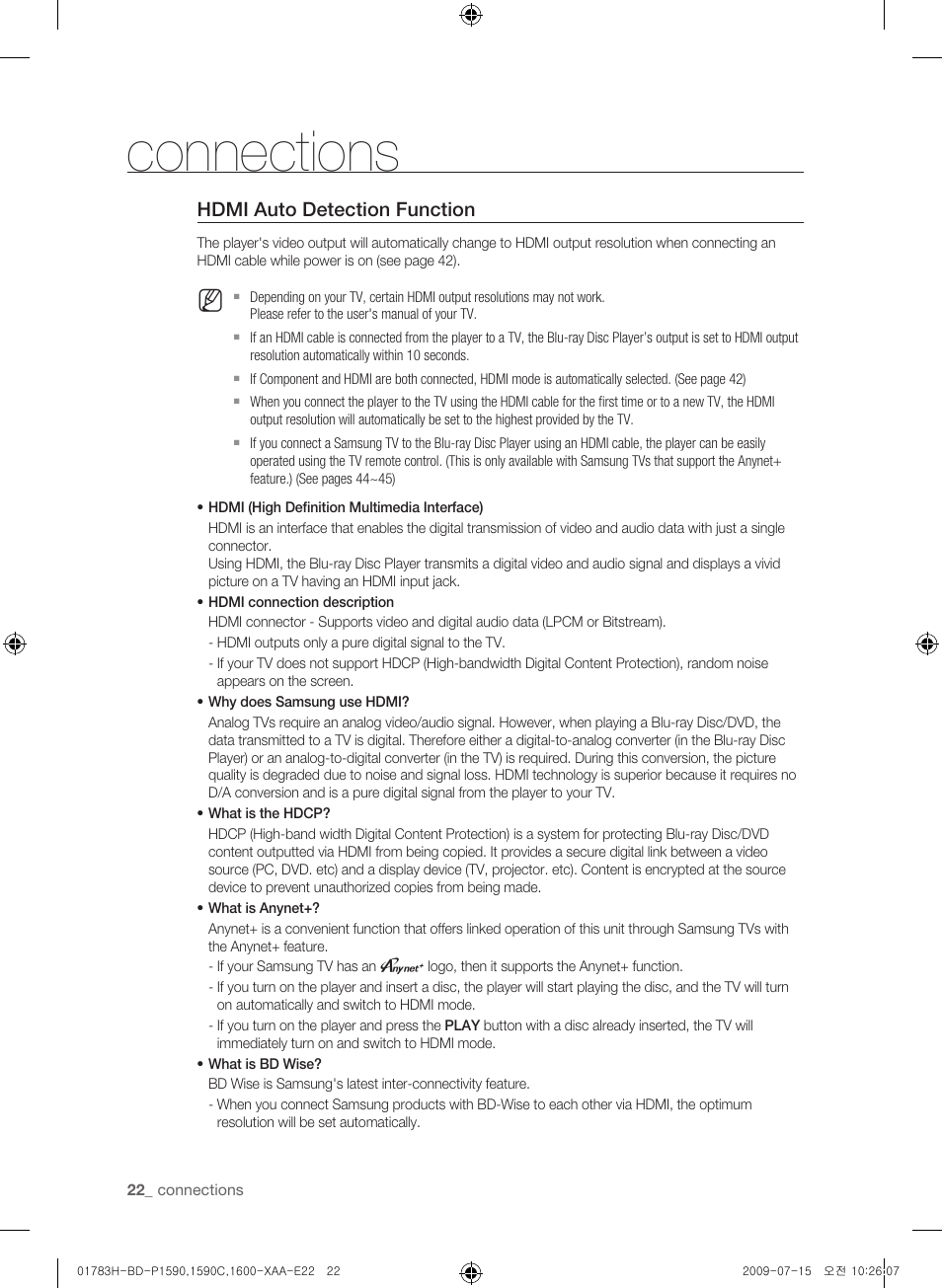 Connections | Samsung BD-P1590C User Manual | Page 22 / 97