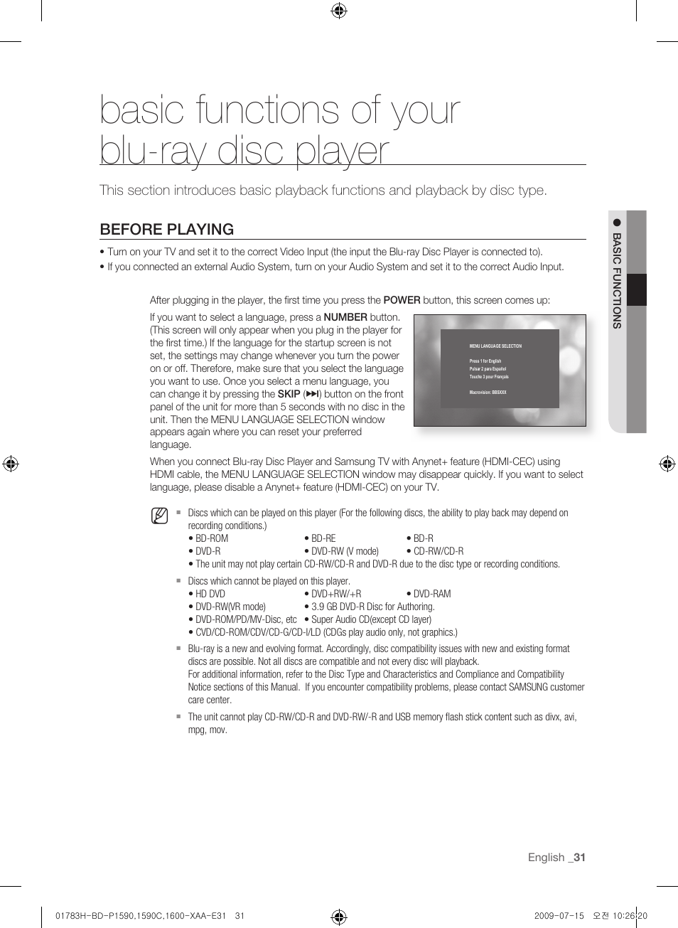 Basic functions of your blu-ray disc player, Before playing | Samsung BD-P1590C User Manual | Page 31 / 97