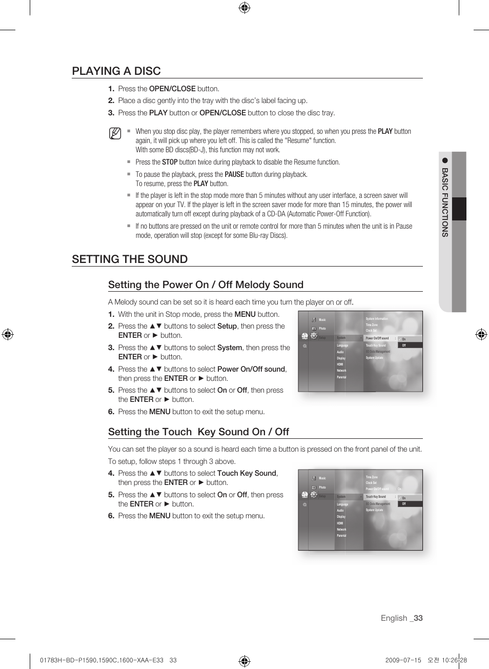 Playing a disc, Setting the sound, Setting the power on / off melody sound | Setting the touch key sound on / off, English _33, Basic functions | Samsung BD-P1590C User Manual | Page 33 / 97