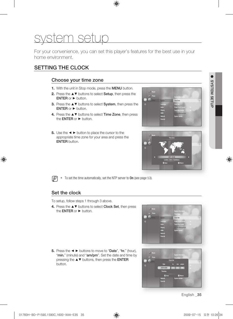 System setup, Setting the clock, Choose your time zone | Set the clock, English _3 | Samsung BD-P1590C User Manual | Page 35 / 97
