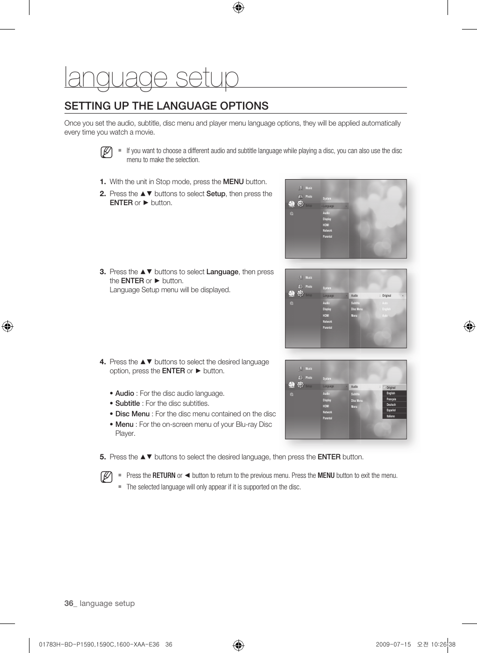 Language setup, Setting up the language options, 3_ language setup | Samsung BD-P1590C User Manual | Page 36 / 97