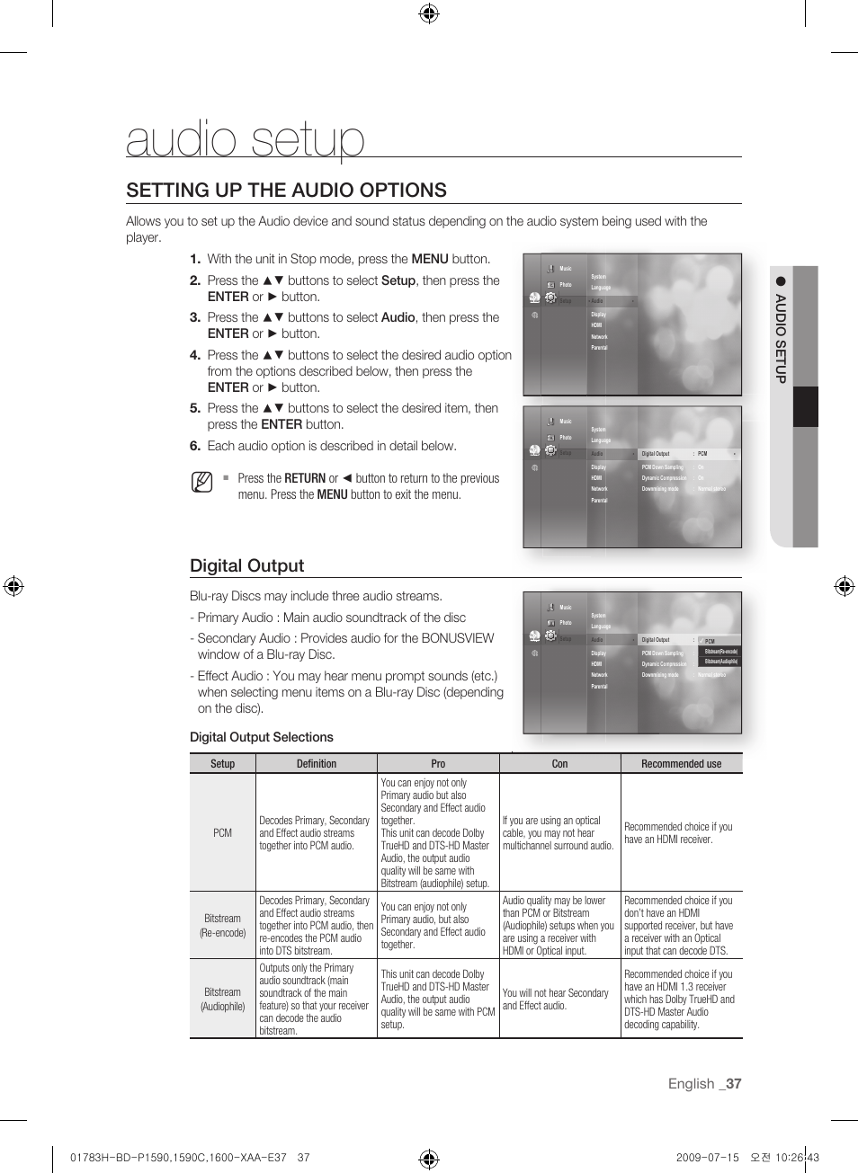 Audio setup, Setting up the audio options, Digital output | English _3 | Samsung BD-P1590C User Manual | Page 37 / 97