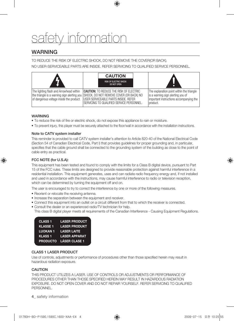 Safety information, Warning | Samsung BD-P1590C User Manual | Page 4 / 97