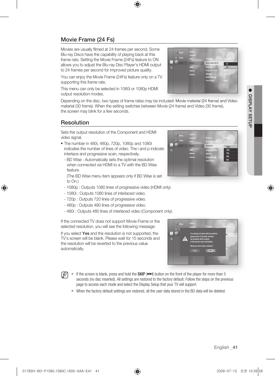 Movie frame (24 fs), Resolution, English _1 | Display setup | Samsung BD-P1590C User Manual | Page 41 / 97