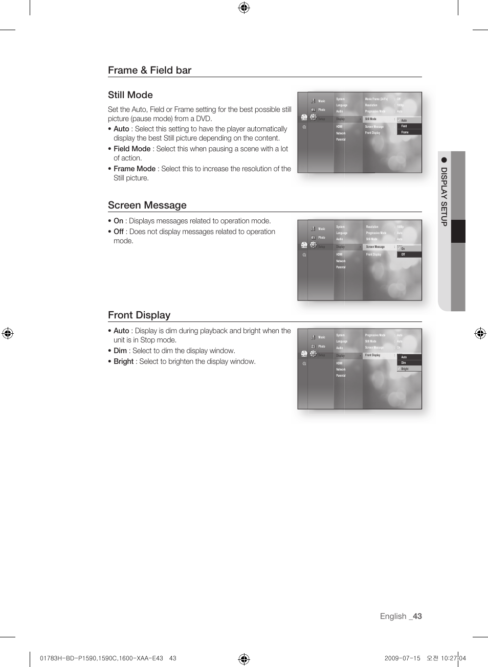 Frame & field bar, Screen message, Front display | Still mode, English _3, Display setup | Samsung BD-P1590C User Manual | Page 43 / 97