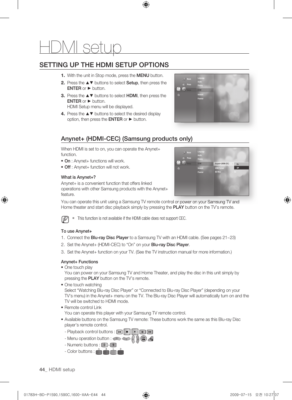 Hdmi setup, Setting up the hdmi setup options, Anynet+ (hdmi-cec) (samsung products only) | Samsung BD-P1590C User Manual | Page 44 / 97