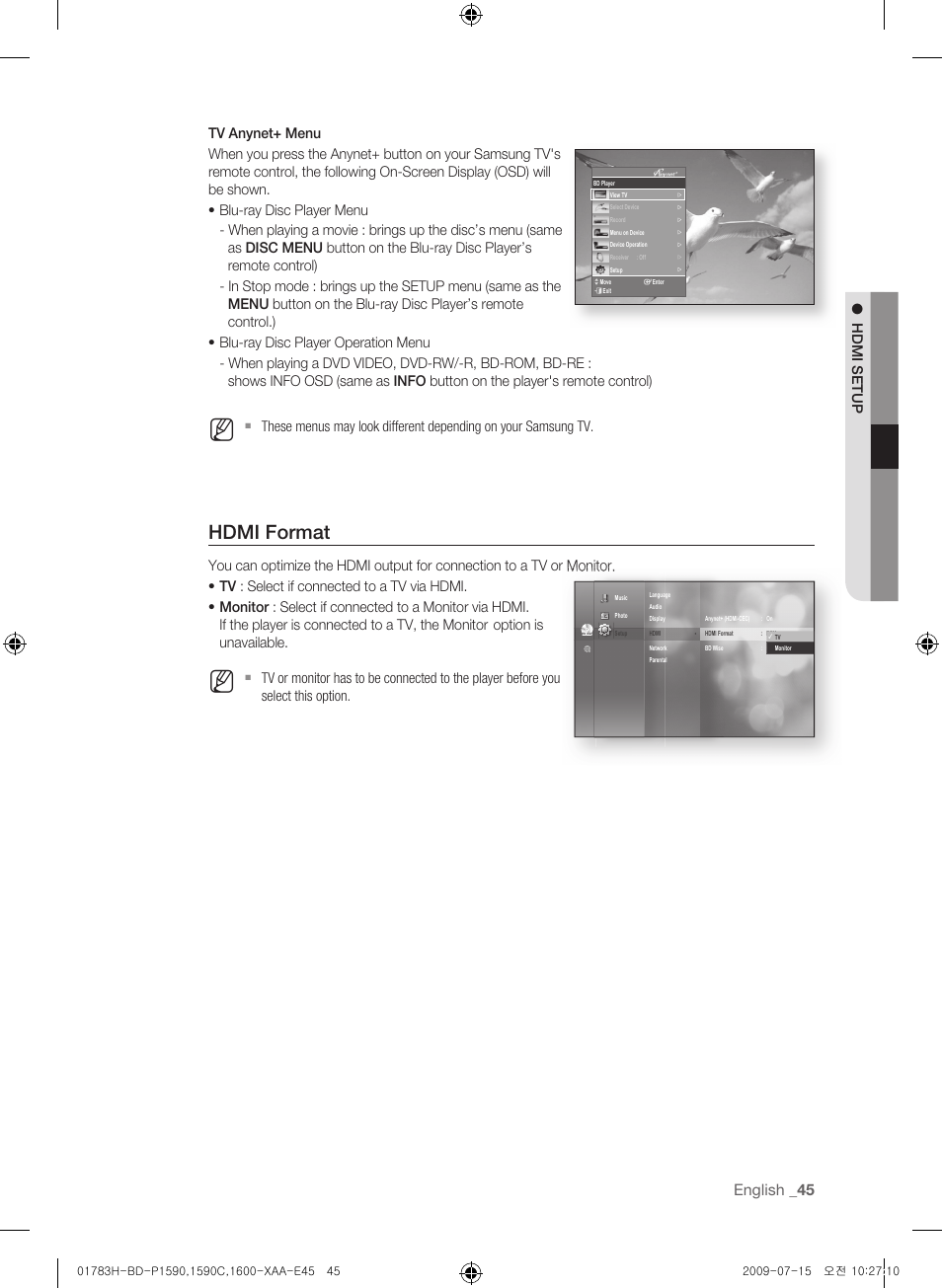 Hdmi format, English | Samsung BD-P1590C User Manual | Page 45 / 97