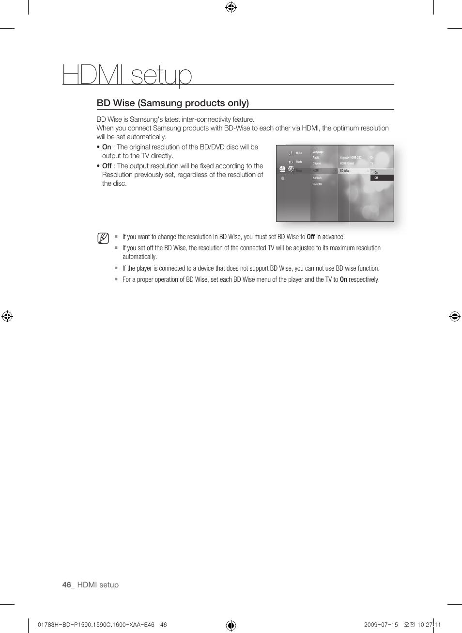 Bd wise (samsung products only), Hdmi setup | Samsung BD-P1590C User Manual | Page 46 / 97