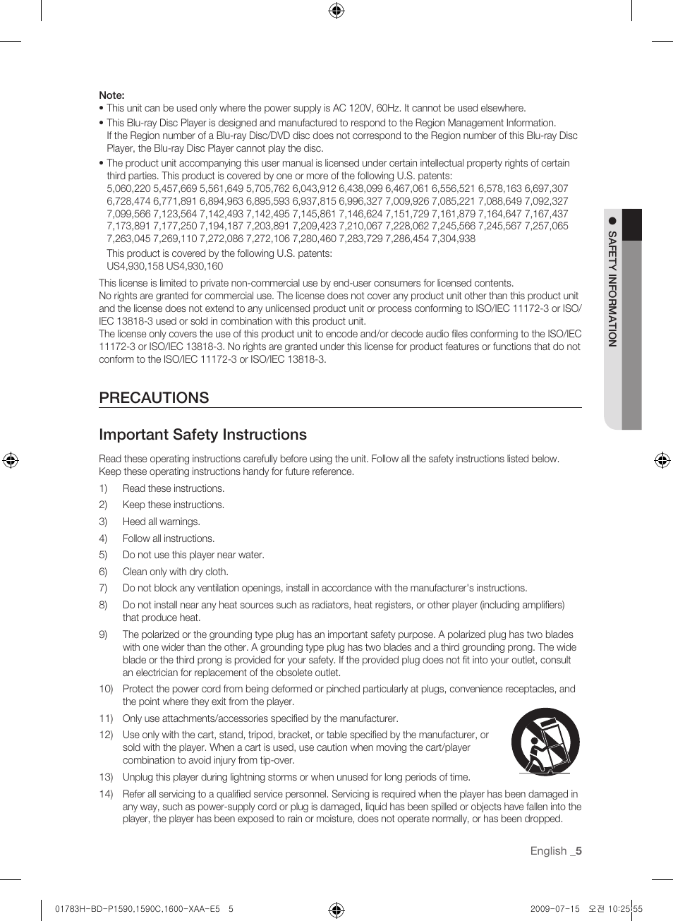 Precautions, Precautions important safety instructions | Samsung BD-P1590C User Manual | Page 5 / 97