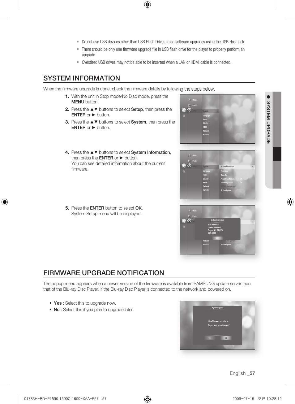 System information, Firmware upgrade notification, English | Samsung BD-P1590C User Manual | Page 57 / 97