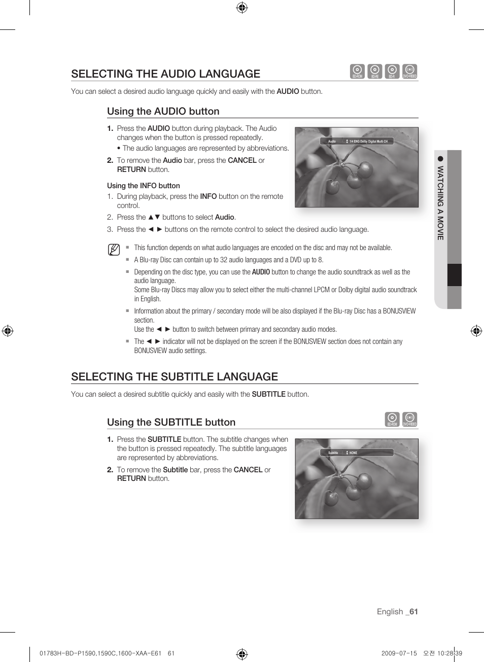 Selecting the audio language, Selecting the subtitle language, Hgfz | Using the audio button, Using the subtitle button | Samsung BD-P1590C User Manual | Page 61 / 97