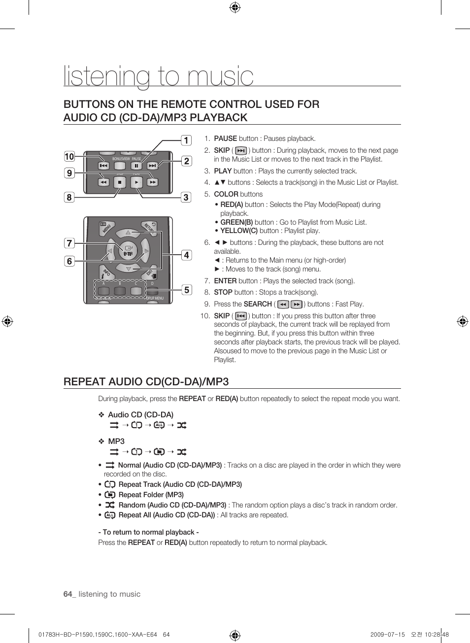 Listening to music, Repeat audio cd(cd-da)/mp3 | Samsung BD-P1590C User Manual | Page 64 / 97