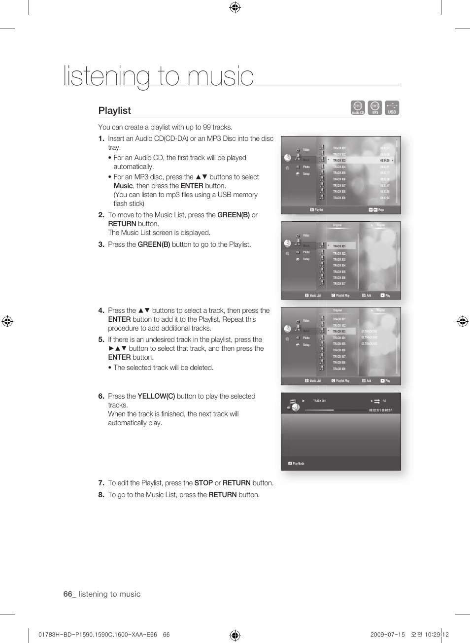 Playlist, Listening to music | Samsung BD-P1590C User Manual | Page 66 / 97