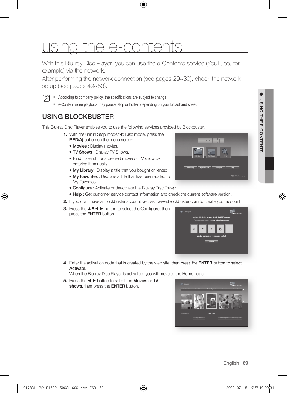 Using the e-contents, Using blockbuster, English | Samsung BD-P1590C User Manual | Page 69 / 97