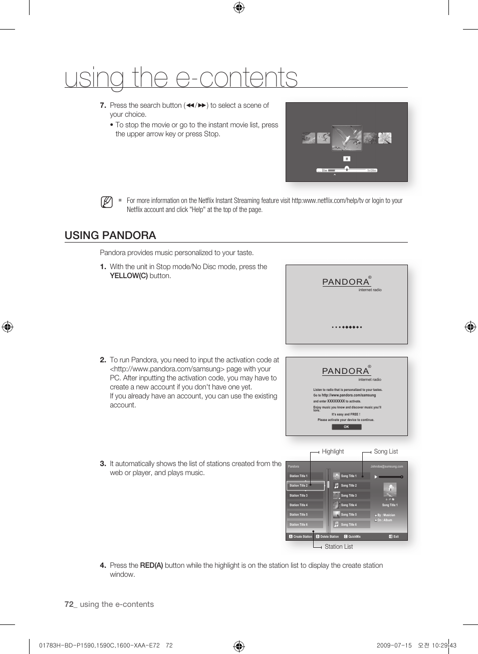 Using pandora, Using the e-contents, 2_ using the e-contents | Pandora | Samsung BD-P1590C User Manual | Page 72 / 97