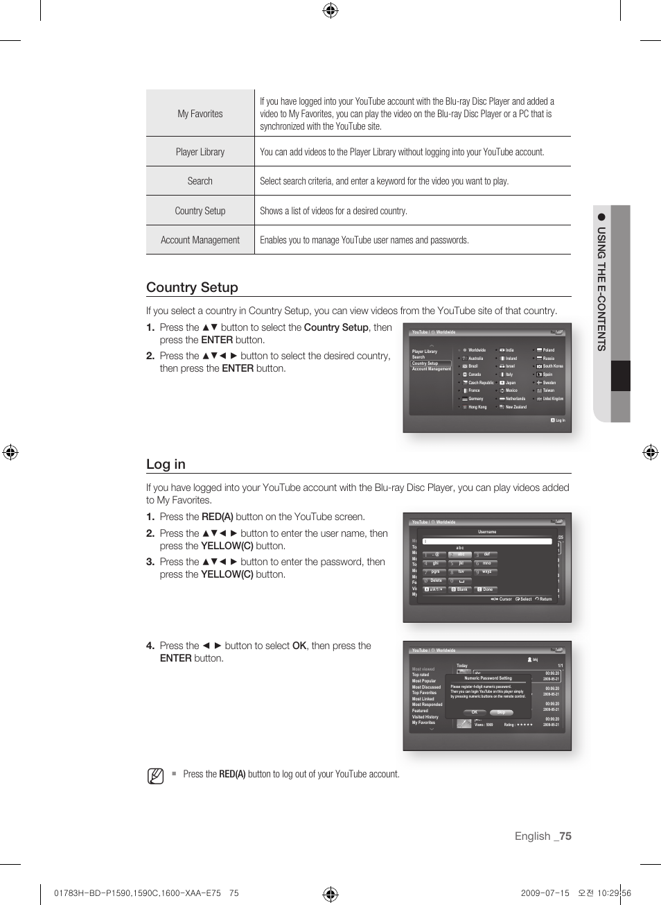 Country setup, Log in, English | Samsung BD-P1590C User Manual | Page 75 / 97