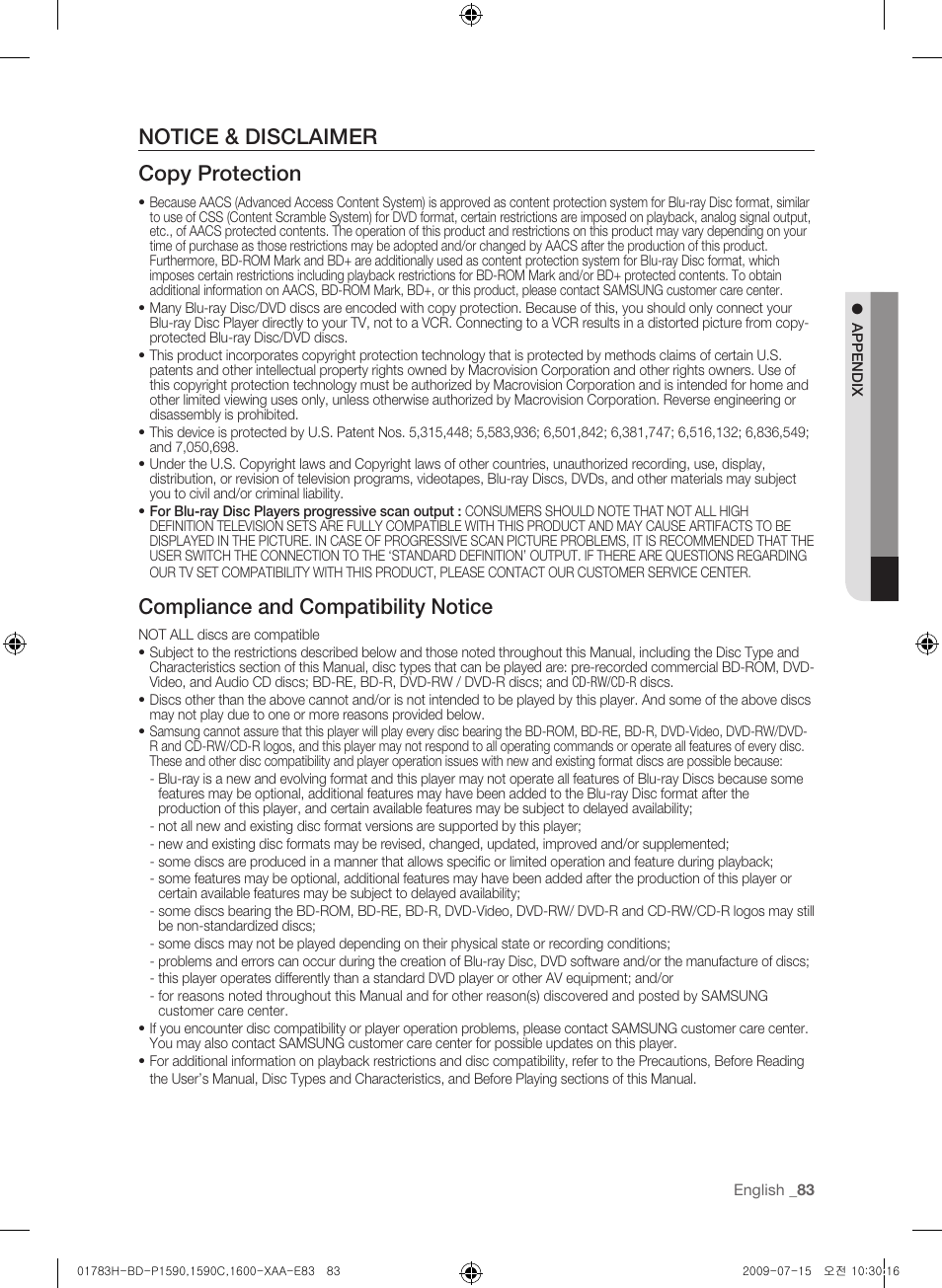Notice & disclaimer copy protection, Compliance and compatibility notice | Samsung BD-P1590C User Manual | Page 83 / 97