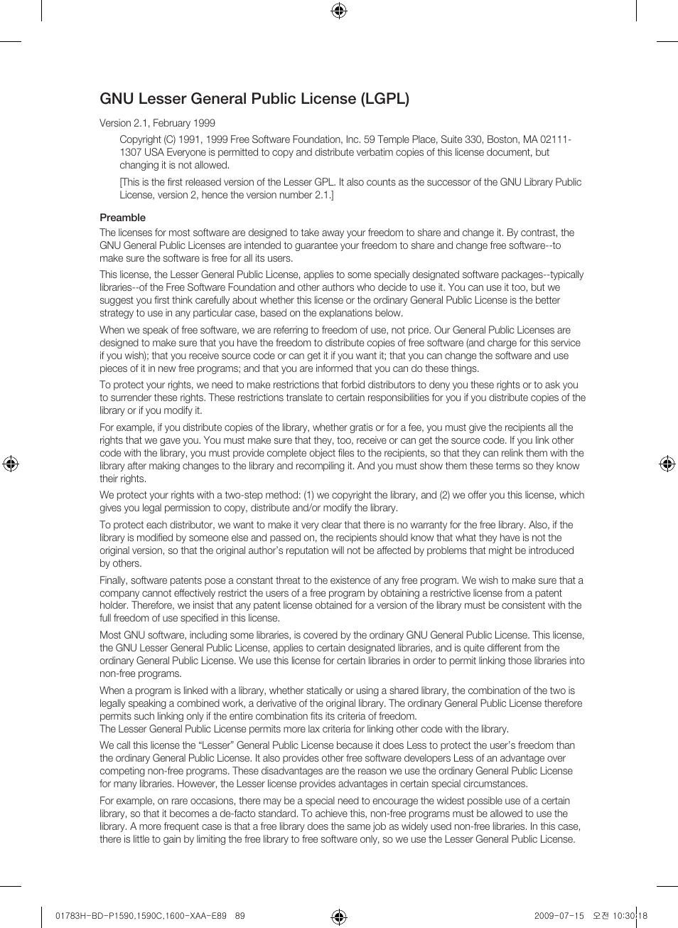 Gnu lesser general public license (lgpl) | Samsung BD-P1590C User Manual | Page 89 / 97