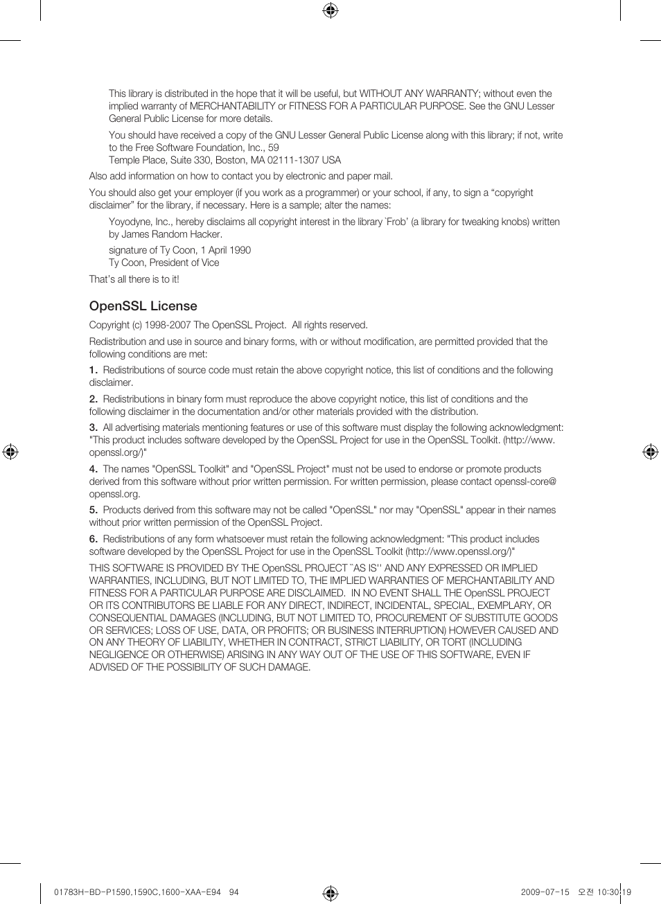 Openssl license | Samsung BD-P1590C User Manual | Page 94 / 97
