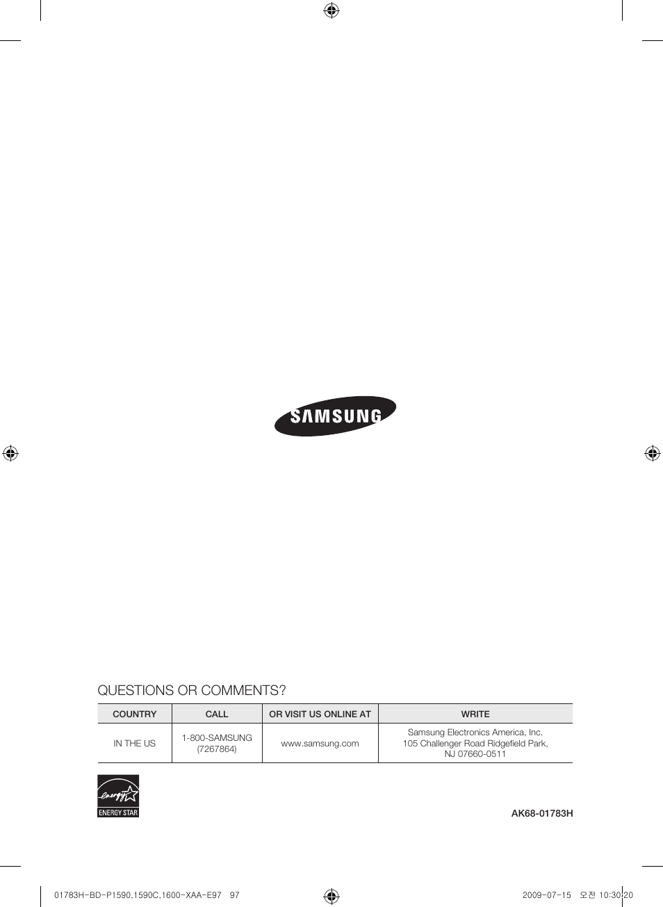Questions or comments | Samsung BD-P1590C User Manual | Page 97 / 97
