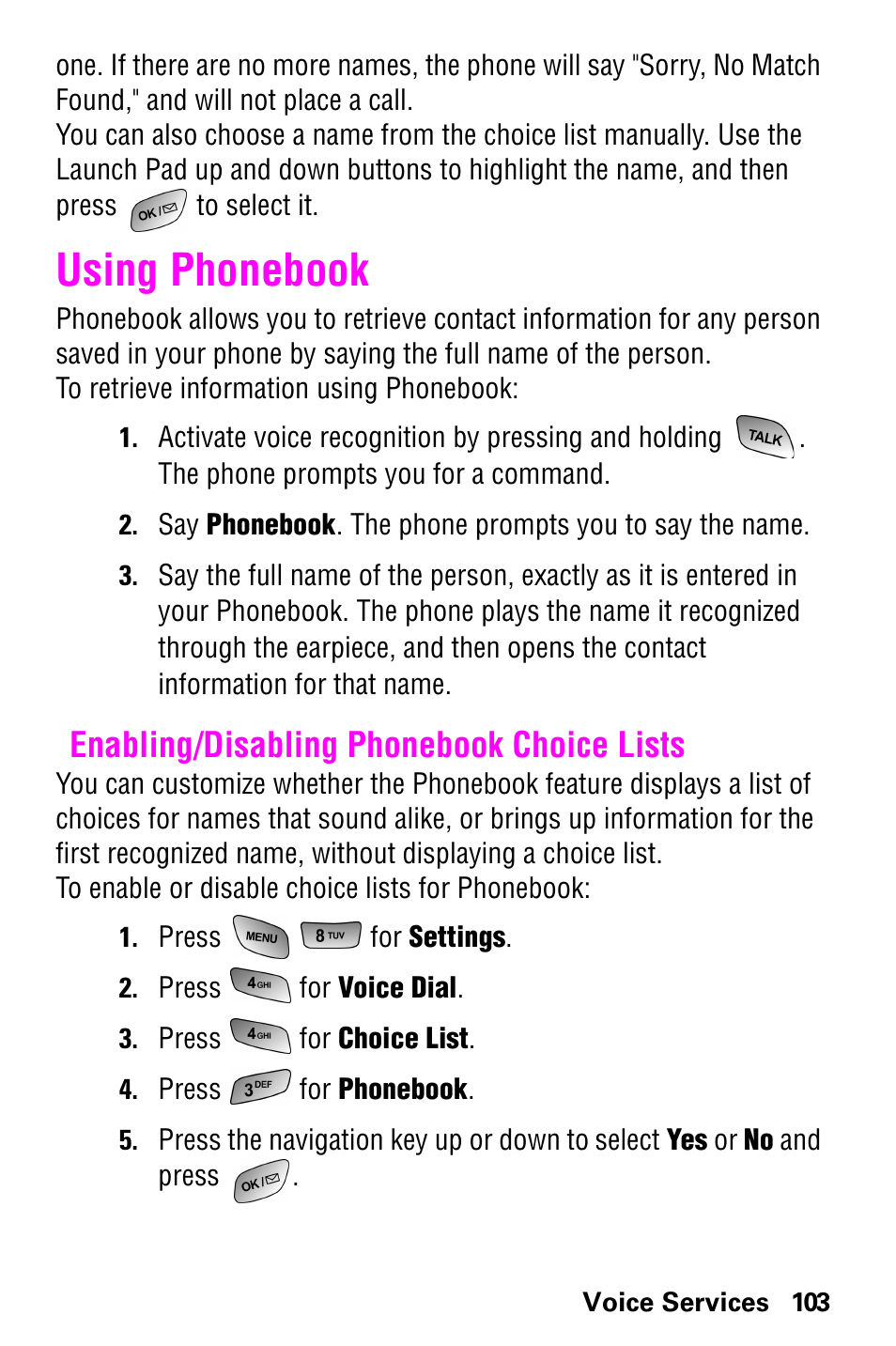 Using phonebook, Enabling/disabling phonebook choice lists | Samsung GH68-04310A User Manual | Page 113 / 190