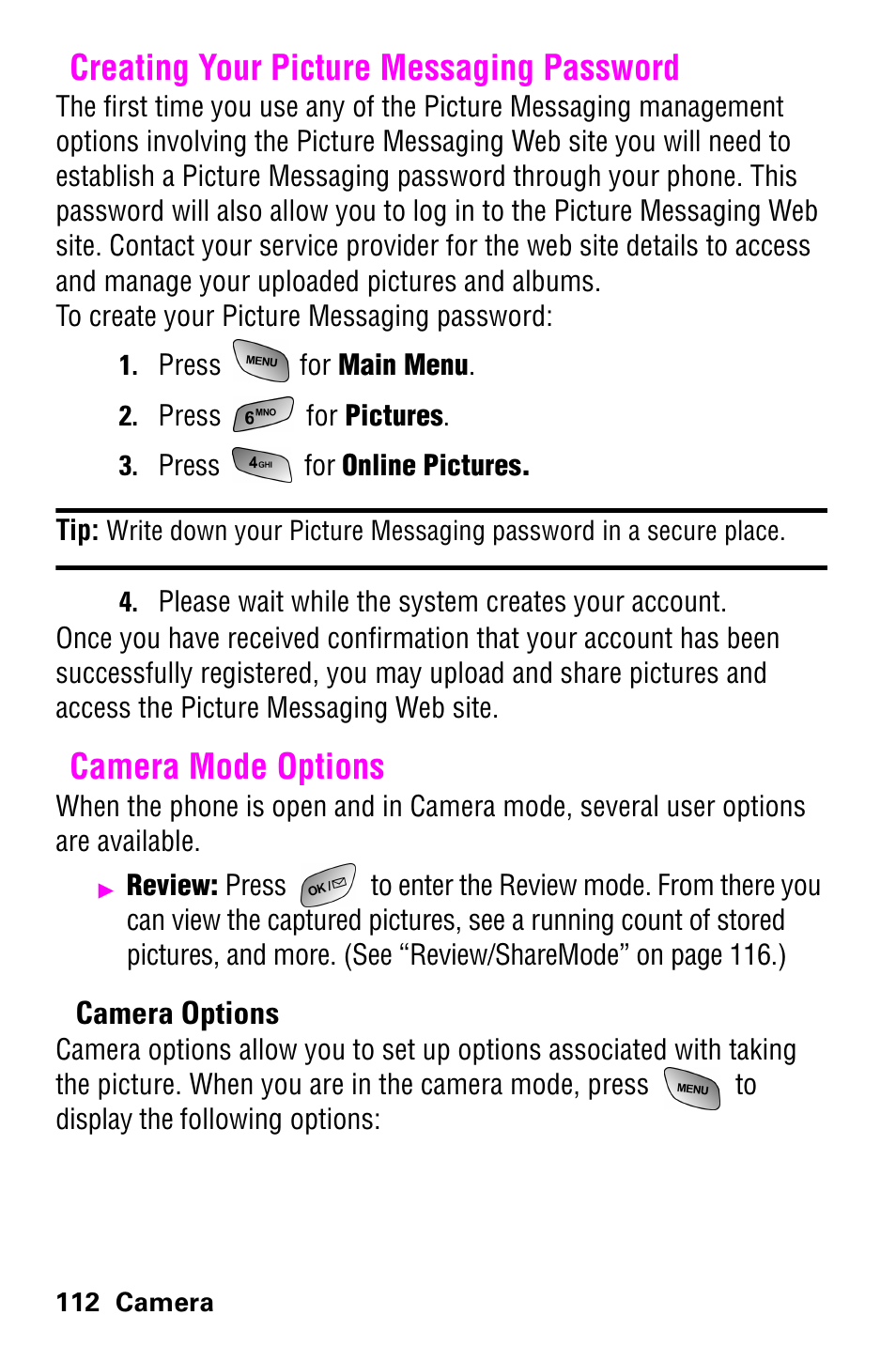 Creating your picture messaging password, Camera mode options | Samsung GH68-04310A User Manual | Page 122 / 190