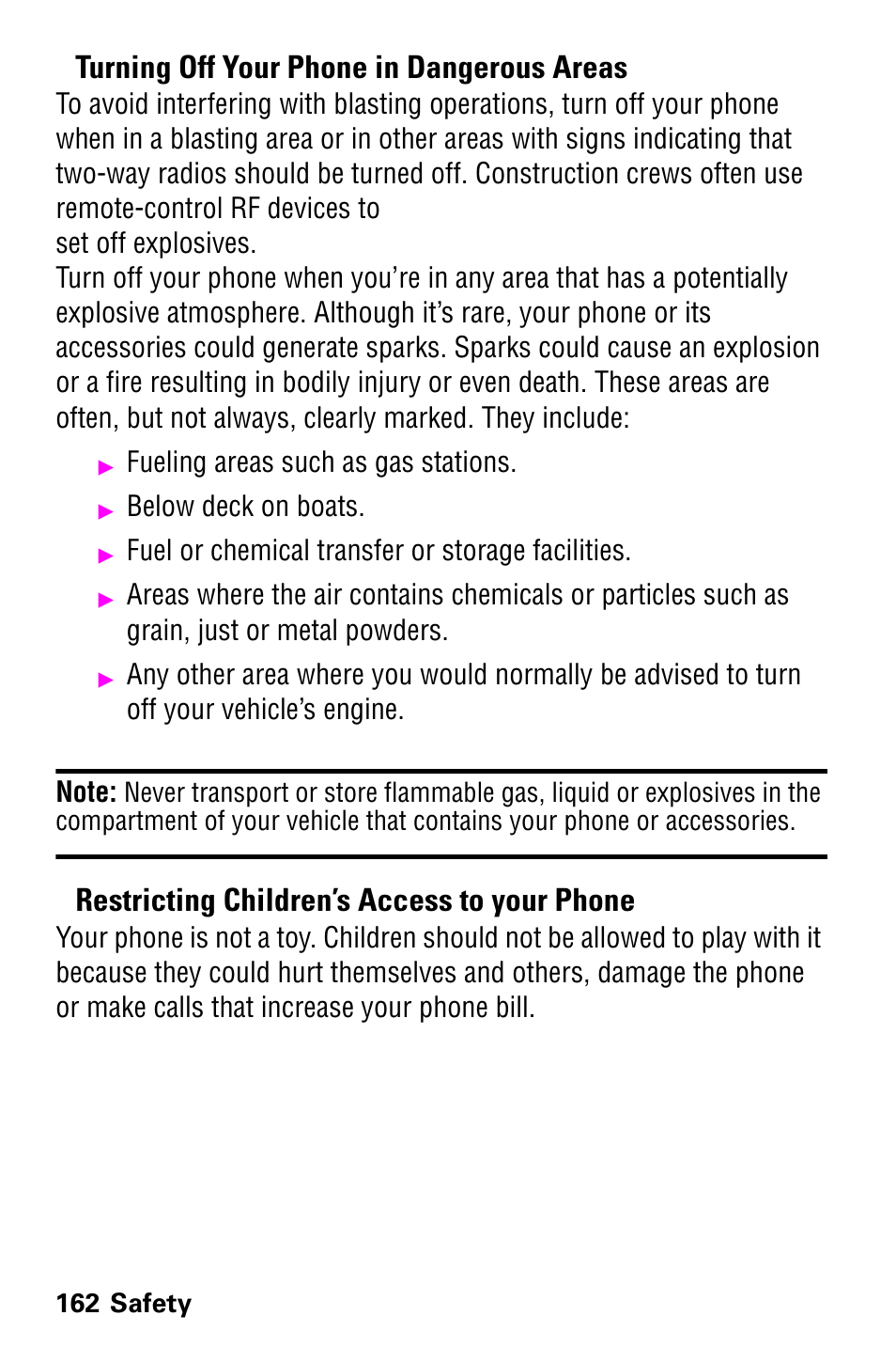 Turning off your phone in dangerous areas, Restricting children’s access to your phone, Fueling areas such as gas stations | Below deck on boats, Fuel or chemical transfer or storage facilities | Samsung GH68-04310A User Manual | Page 172 / 190