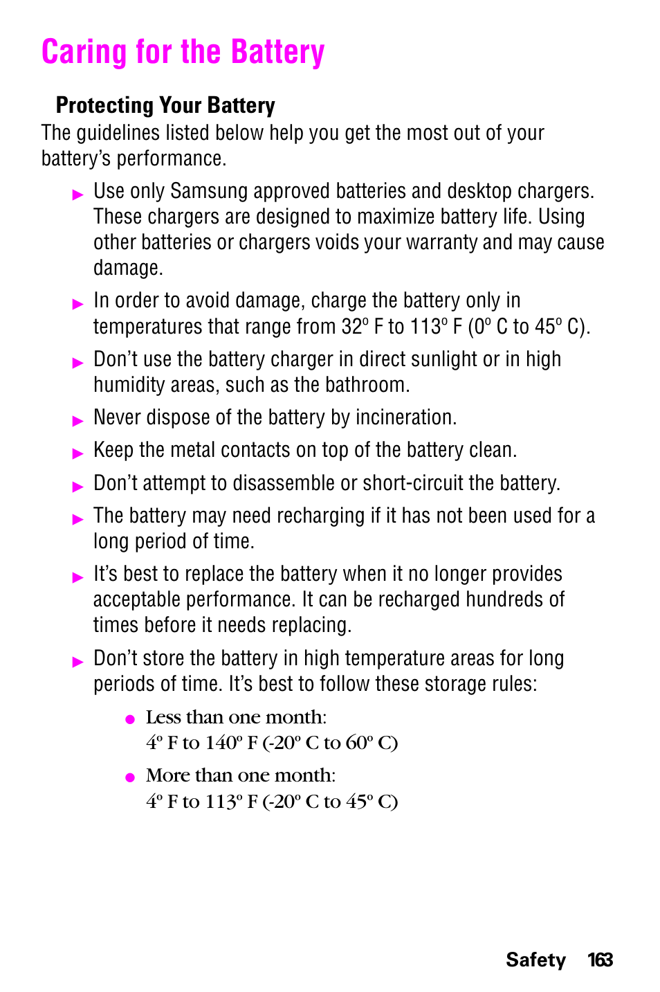 Caring for the battery, Protecting your battery, Never dispose of the battery by incineration | Samsung GH68-04310A User Manual | Page 173 / 190