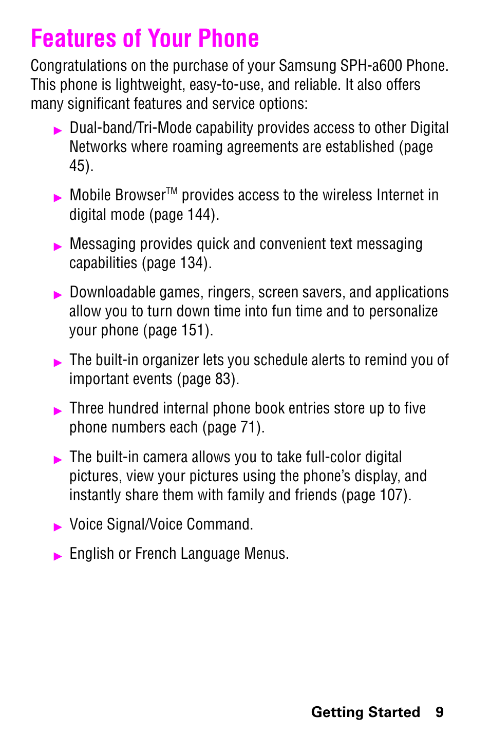 Features of your phone, Mobile browser, Voice signal/voice command | English or french language menus | Samsung GH68-04310A User Manual | Page 19 / 190