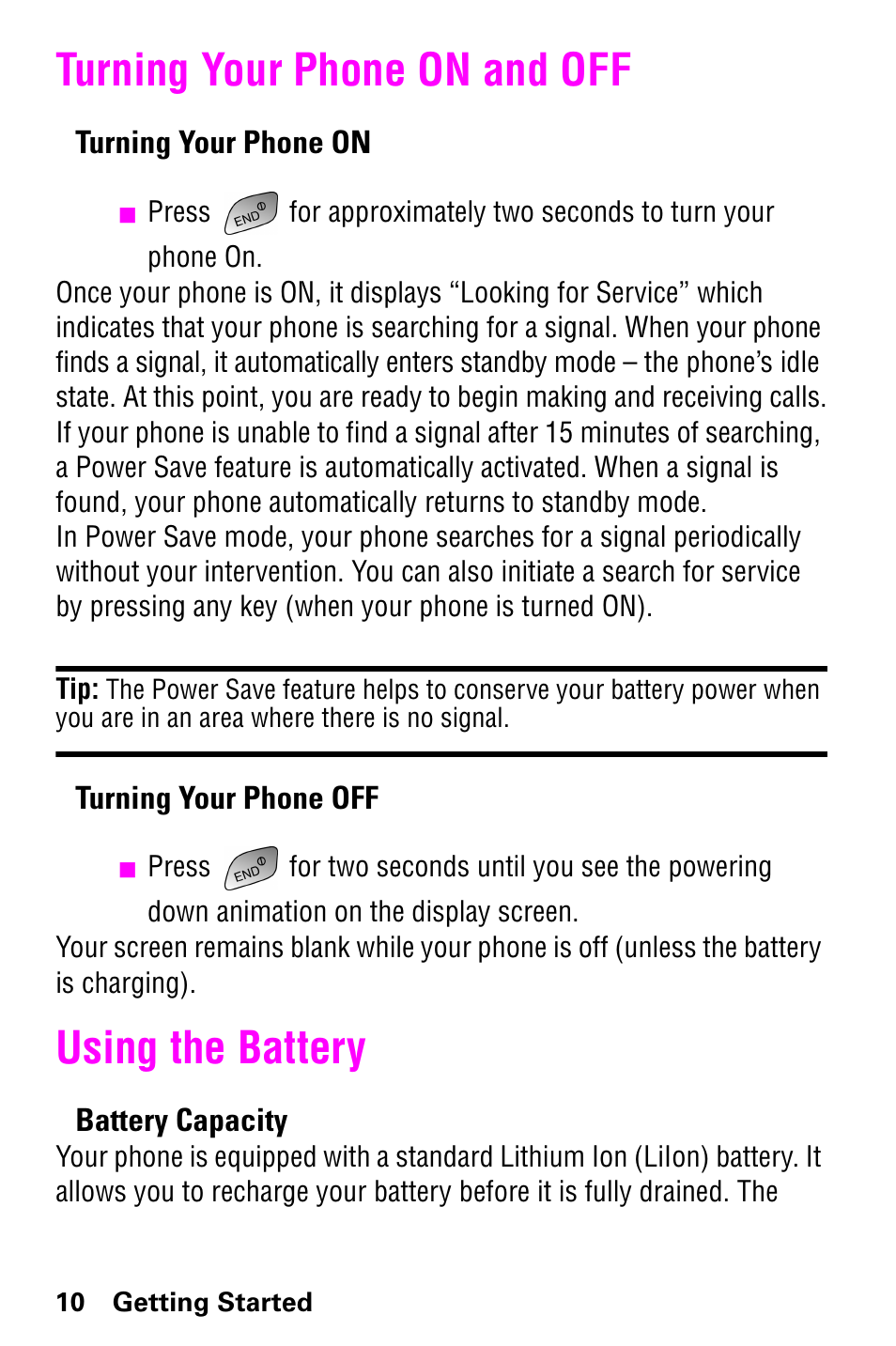 Turning your phone on and off, Using the battery, Turning your phone on and off using the battery | Samsung GH68-04310A User Manual | Page 20 / 190