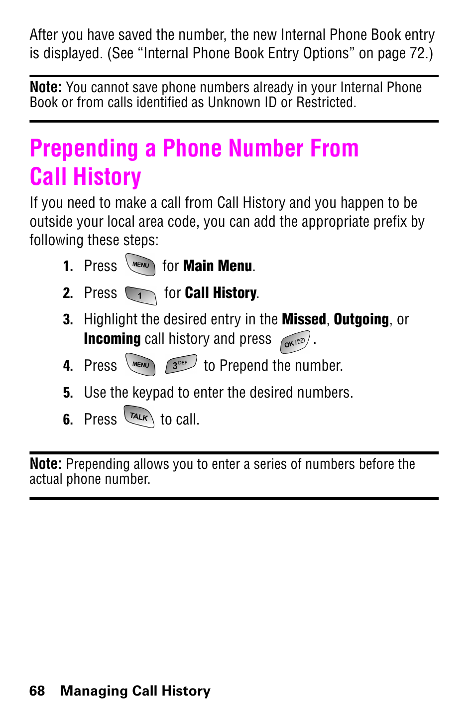 Prepending a phone number from call history | Samsung GH68-04310A User Manual | Page 78 / 190