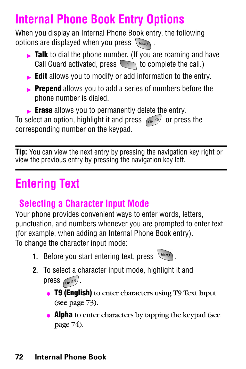 Internal phone book entry options, Entering text, Selecting a character input mode | Internal phone book entry options entering text | Samsung GH68-04310A User Manual | Page 82 / 190