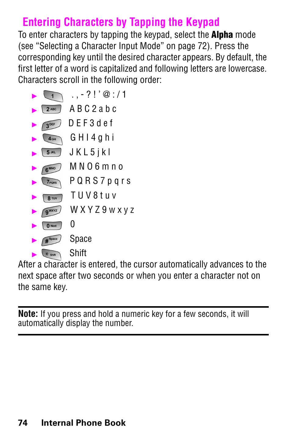 Entering characters by tapping the keypad, A b c 2 a b c, D e f 3 d e f | G h i 4 g h i, J k l 5 j k l, M n o 6 m n o, T u v 8 t u v, Space | Samsung GH68-04310A User Manual | Page 84 / 190