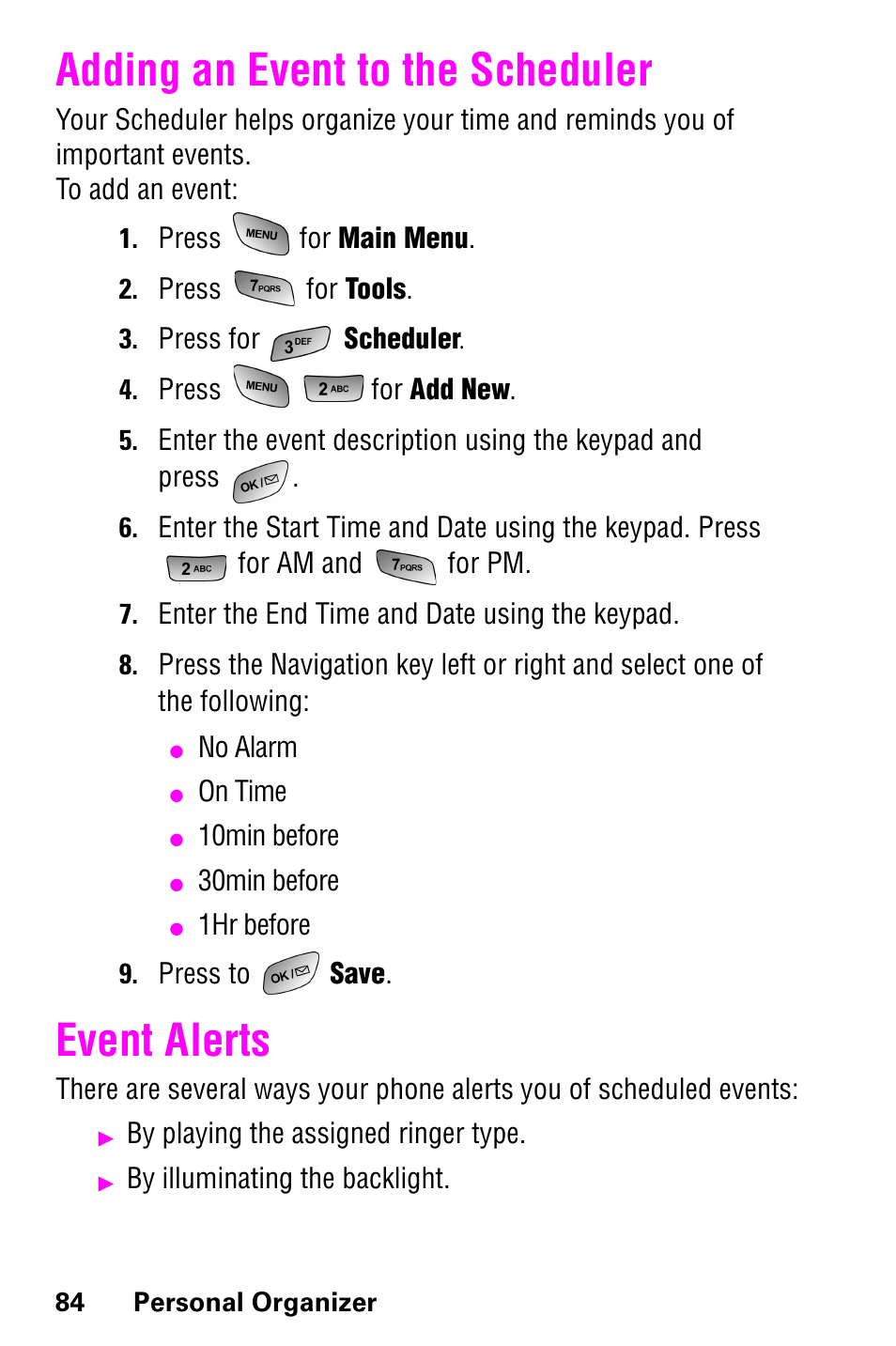 Adding an event to the scheduler, Event alerts, Adding an event to the scheduler event alerts | Samsung GH68-04310A User Manual | Page 94 / 190