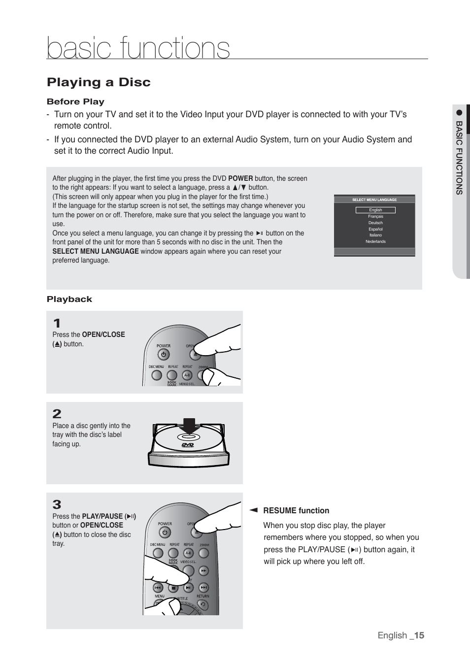 Basic functions, Playing a disc | Samsung AK68-01765B User Manual | Page 15 / 51