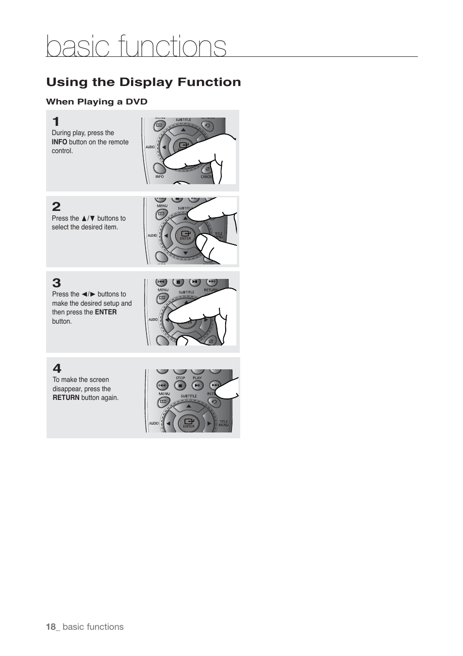 Using the display function, Basic functions | Samsung AK68-01765B User Manual | Page 18 / 51