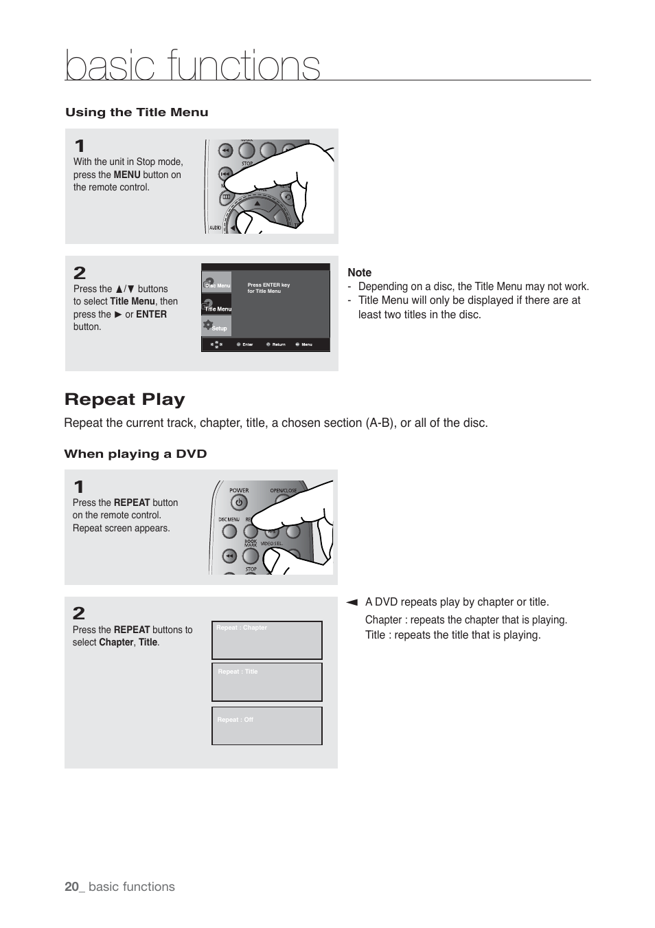 Repeat play, Basic functions | Samsung AK68-01765B User Manual | Page 20 / 51