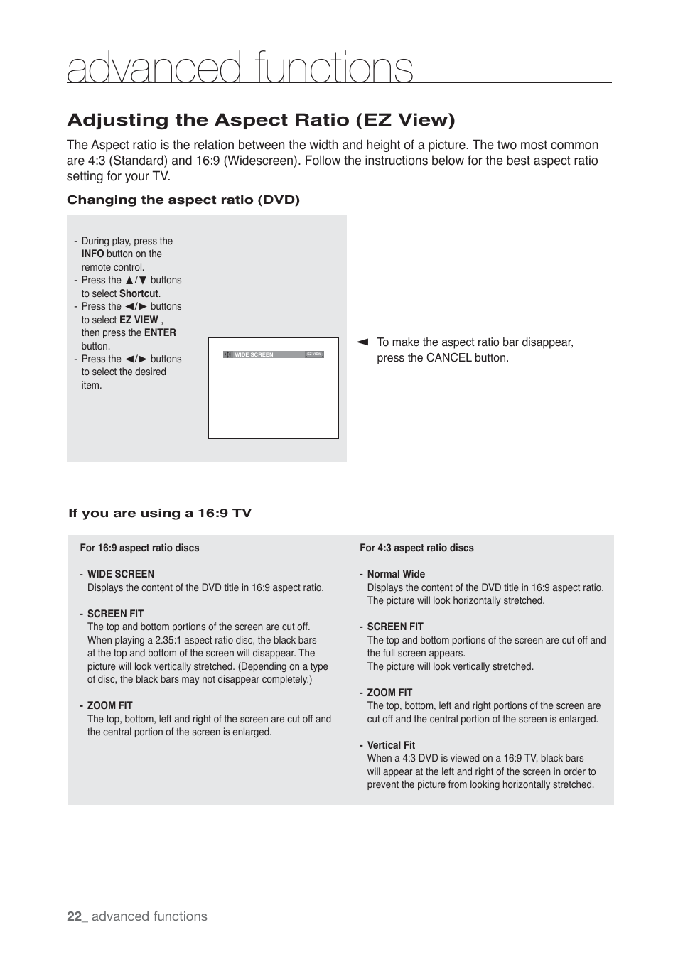 Advanced functions, Adjusting the aspect ratio (ez view) | Samsung AK68-01765B User Manual | Page 22 / 51