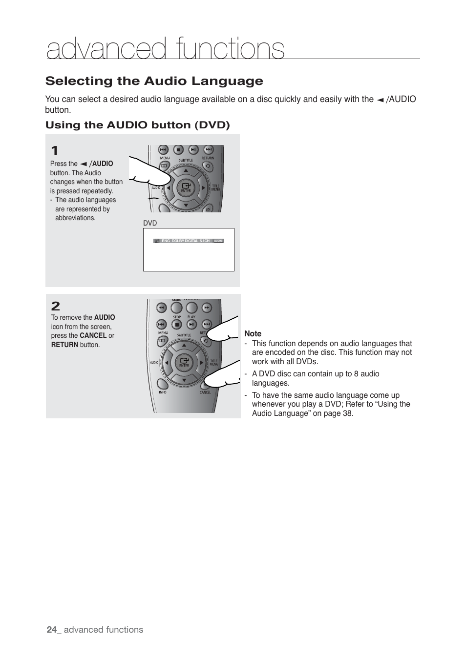 Selecting the audio language, Advanced functions | Samsung AK68-01765B User Manual | Page 24 / 51