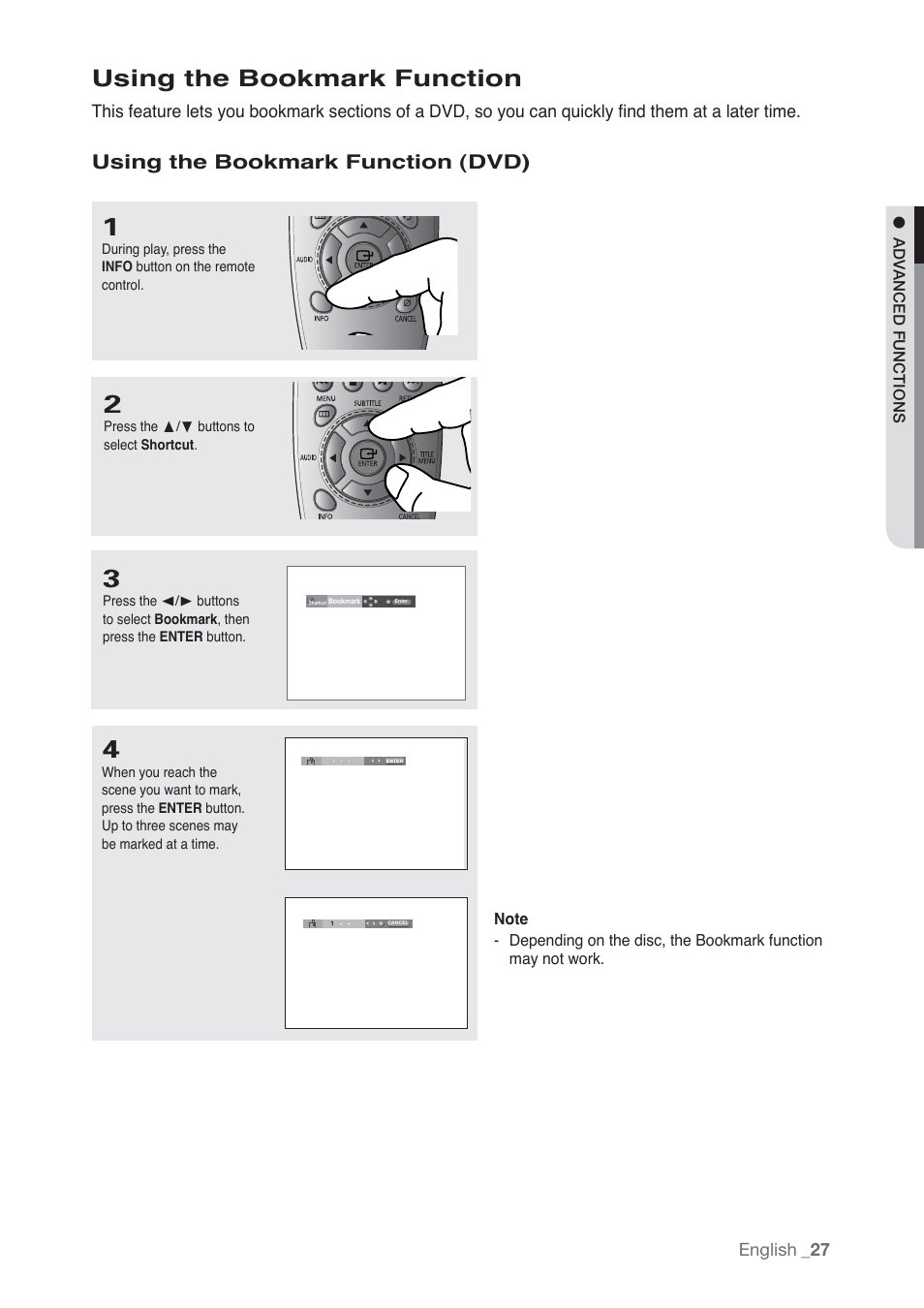 Using the bookmark function, Using the bookmark function (dvd) | Samsung AK68-01765B User Manual | Page 27 / 51