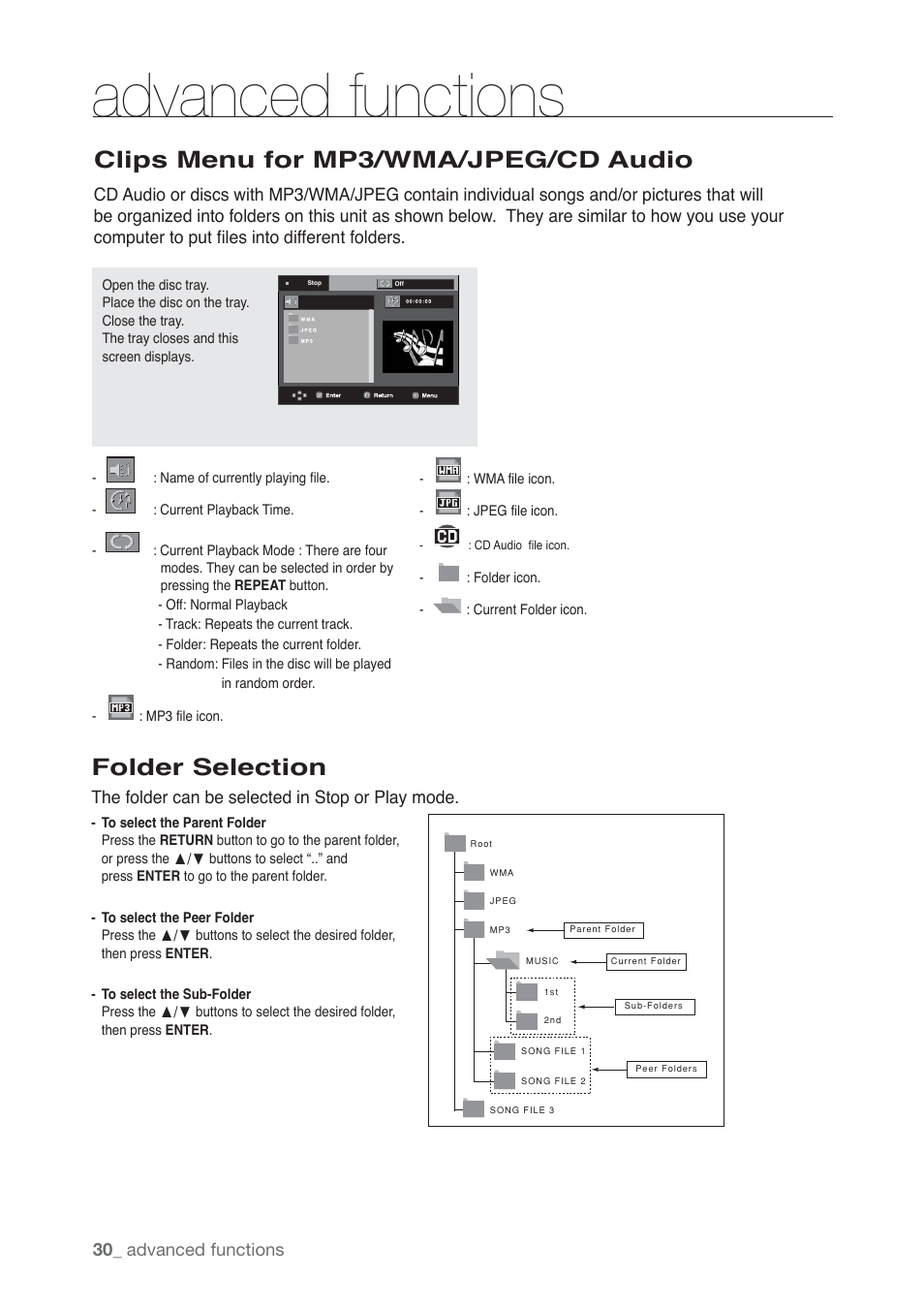 Clips menu for mp3/wma/jpeg/cd audio, Folder selection, Advanced functions | The folder can be selected in stop or play mode | Samsung AK68-01765B User Manual | Page 30 / 51