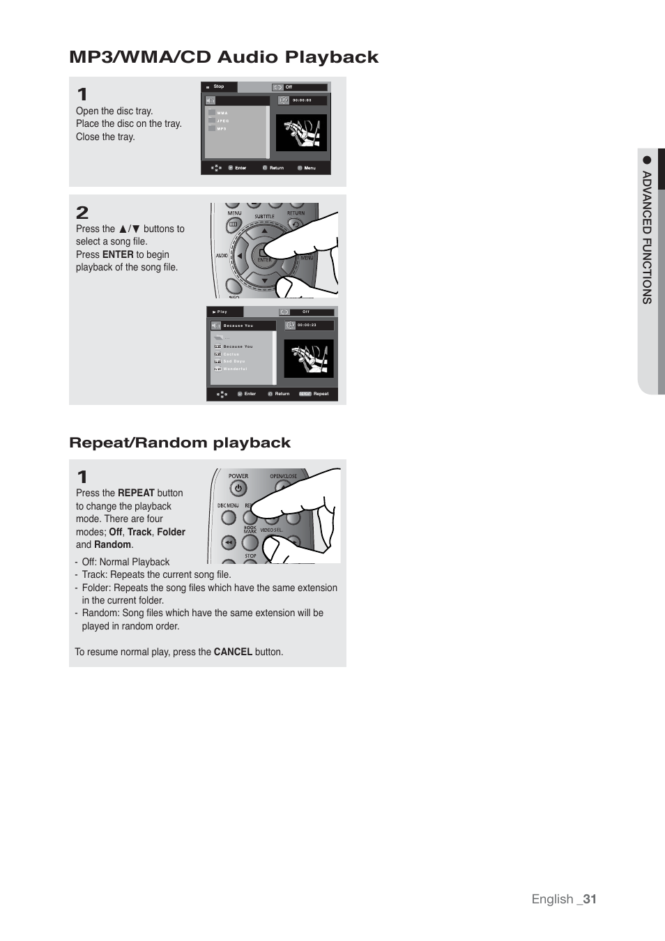 Mp3/wma/cd audio playback, Repeat/random playback, English | Advanced functions | Samsung AK68-01765B User Manual | Page 31 / 51