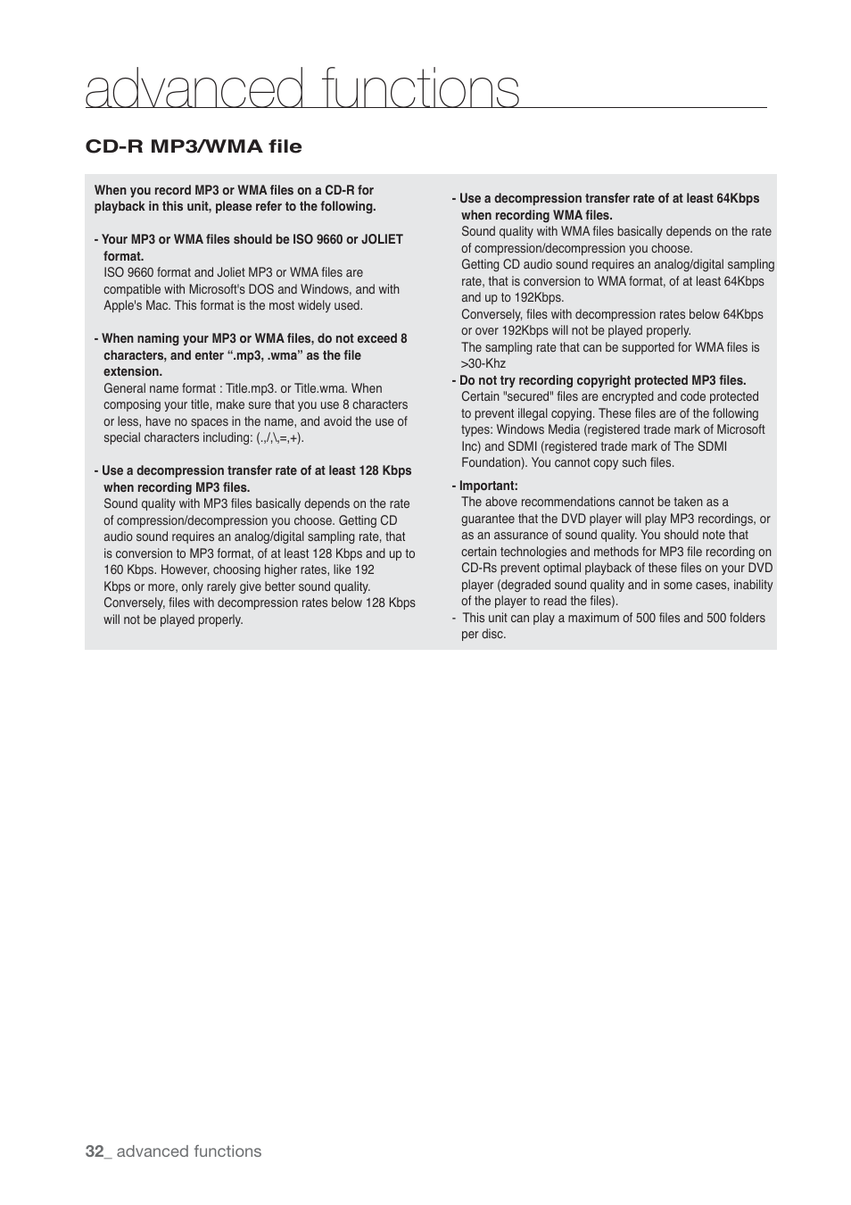 Advanced functions, Cd-r mp3/wma file | Samsung AK68-01765B User Manual | Page 32 / 51