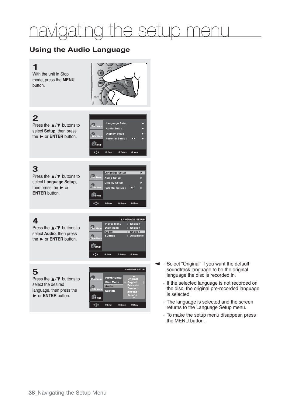 Navigating the setup menu, Using the audio language, 38_ navigating the setup menu | Samsung AK68-01765B User Manual | Page 38 / 51