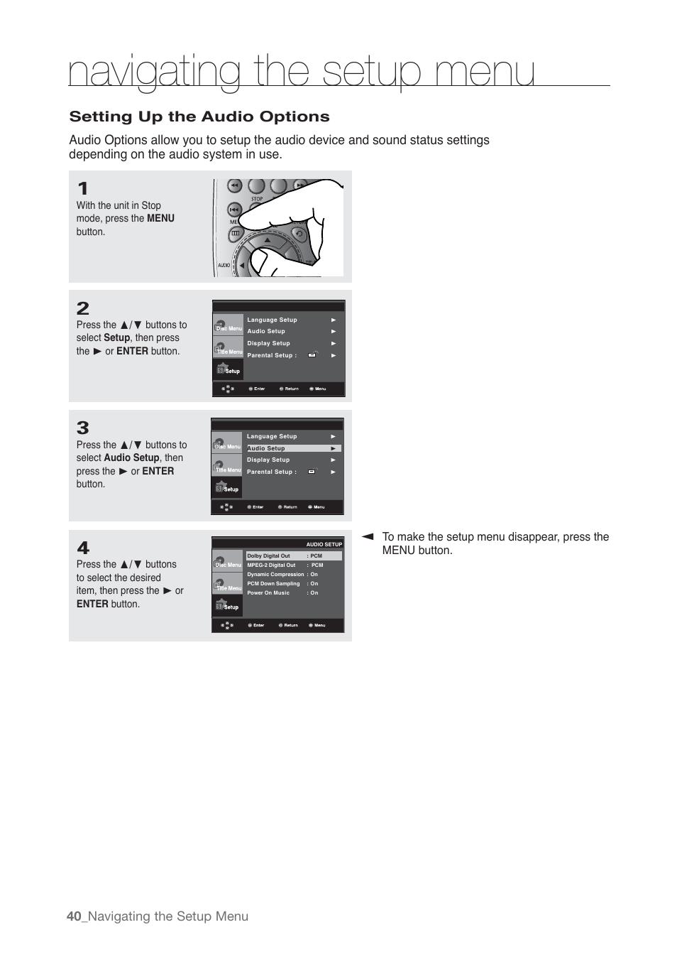 Setting up the audio options, Navigating the setup menu, 40_ navigating the setup menu | Samsung AK68-01765B User Manual | Page 40 / 51