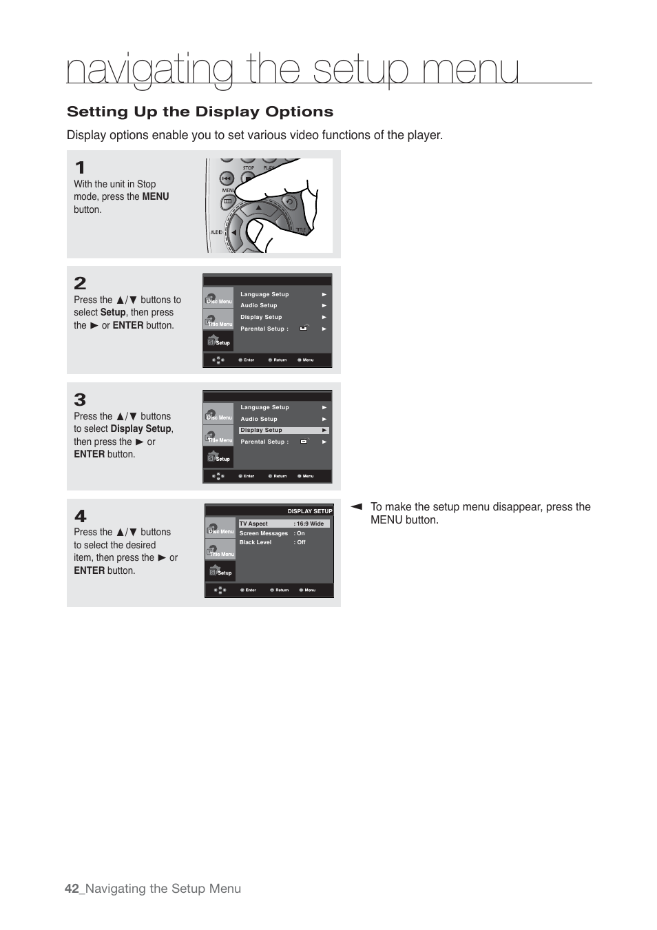 Setting up the display options, Navigating the setup menu, 42_ navigating the setup menu | Samsung AK68-01765B User Manual | Page 42 / 51