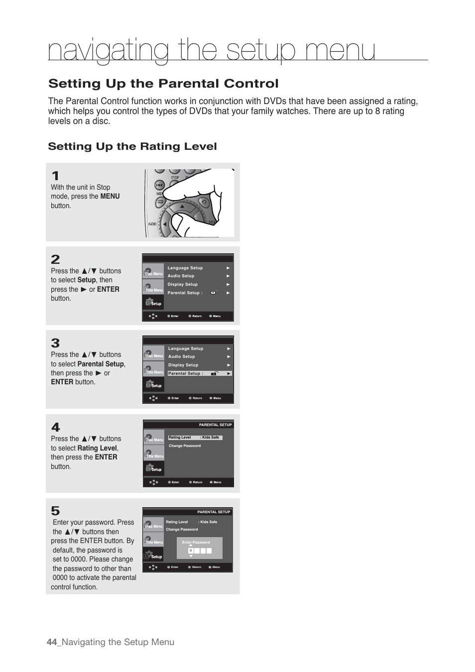 Setting up the parental control, Navigating the setup menu, Setting up the rating level | 44_ navigating the setup menu | Samsung AK68-01765B User Manual | Page 44 / 51